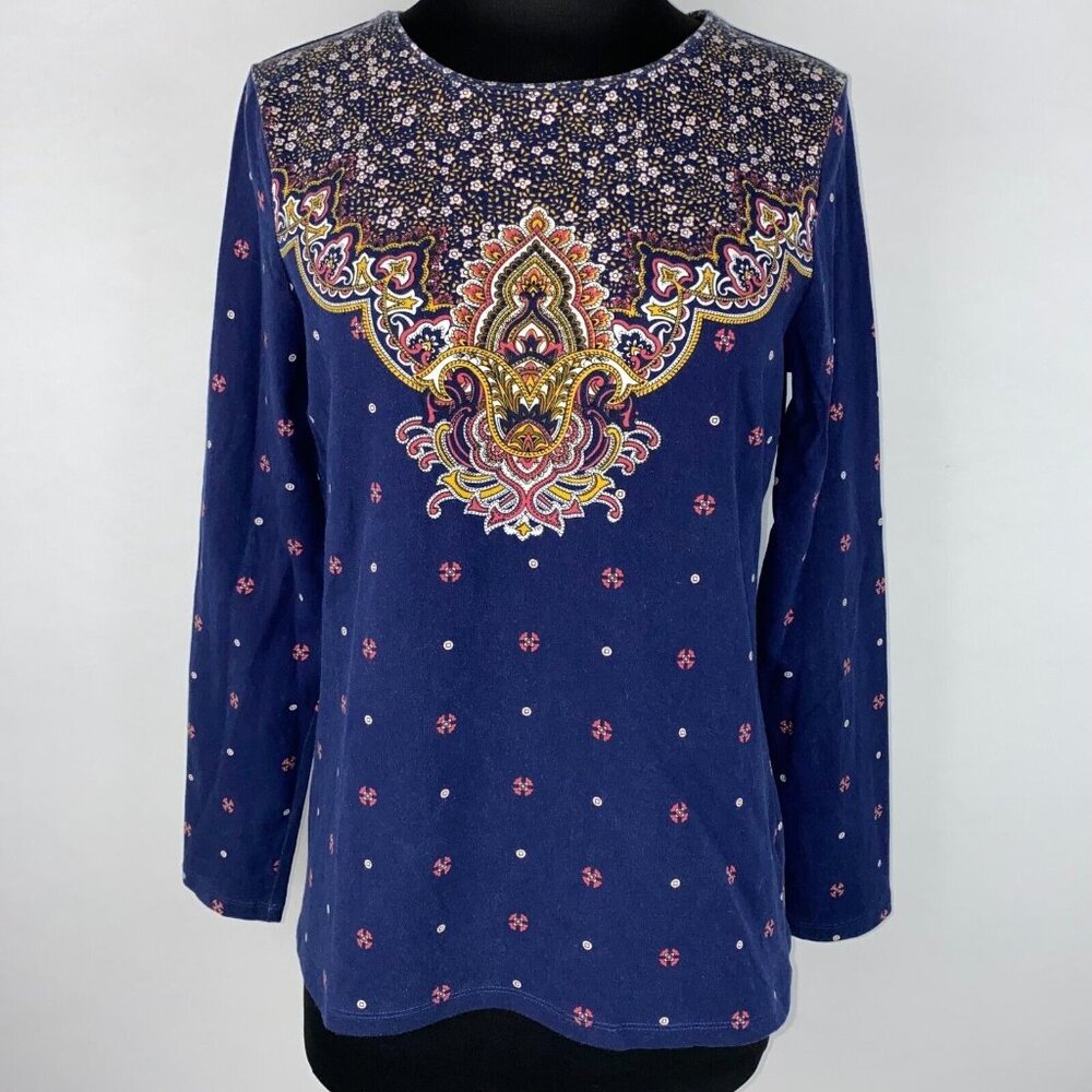 Talbots Petite MP Patterned The Talbots Tee Top Long Sleeve Cotton Blend Casual